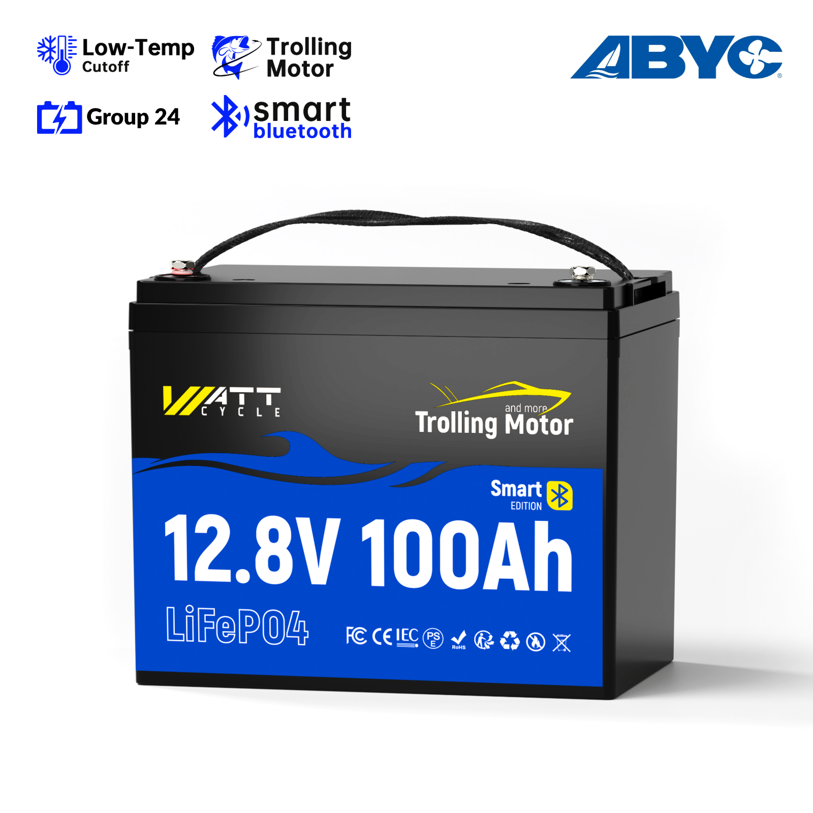 ⭐【ABA Sponsorship Battery】WattCycle 12V 100Ah Group 24 LiFePO4 Battery with Bluetooth for Trolling Motors