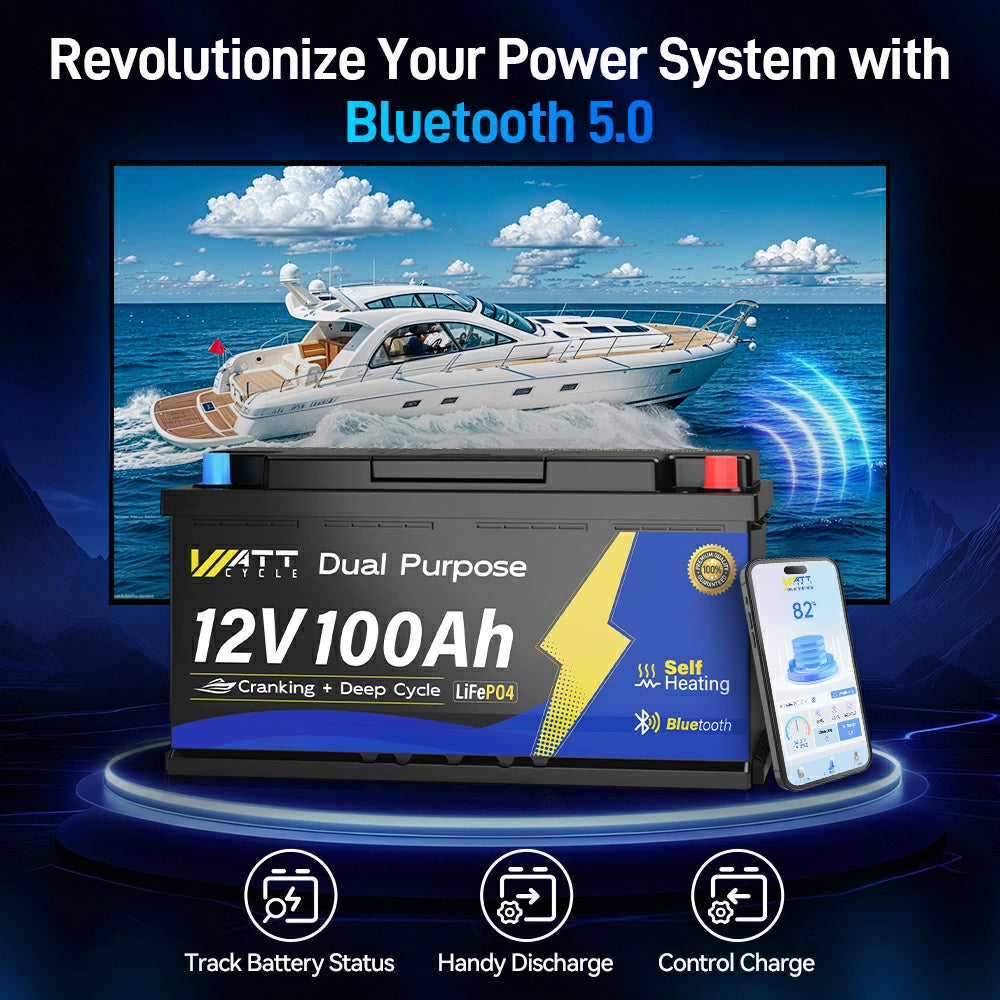 【Early Bird Price: $429.99】WattCycle 12V 100Ah 900CCA Marine Cranking Battery with Bluetooth