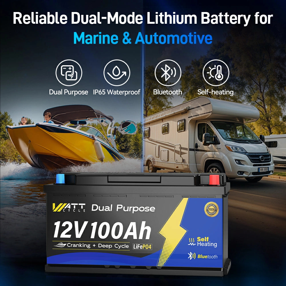 WattCycle 12V 100Ah LiFePO4 Battery with Bluetooth with Dual Purpose