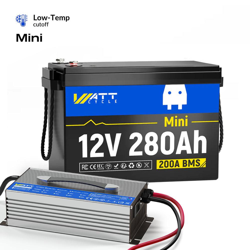 WattCycle 12V 280Ah Mini LiFePO4 Battery + 12V 60A Charger Kit