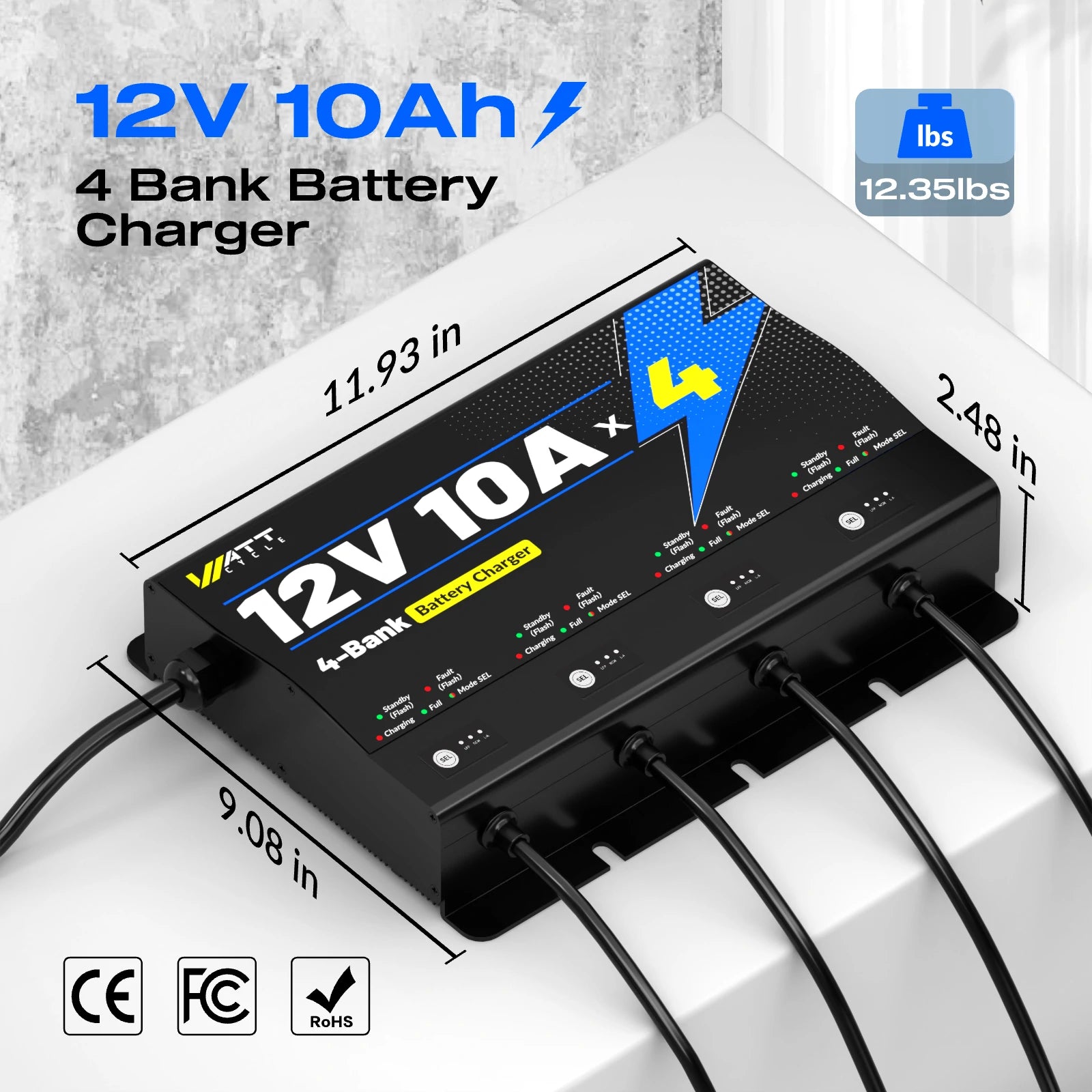 WattCycle 12V 10A 4 Bank Battery Charger