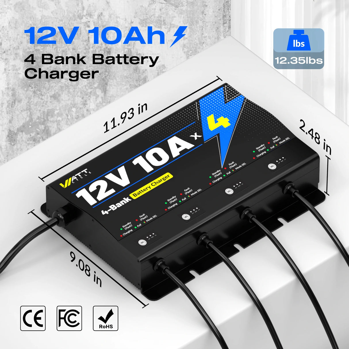 WattCycle 14.6V 10A 4 Bank Battery Charger