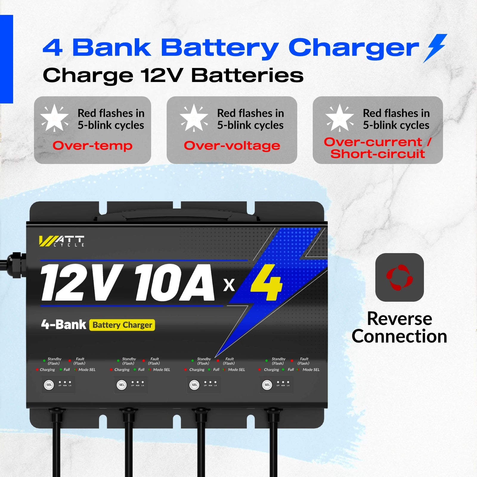 WattCycle 12V 10A 4 Bank Battery Charger