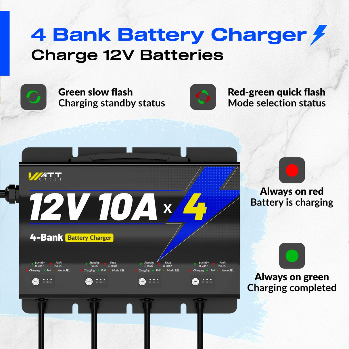 WattCycle 14.6V 10A 4 Bank Battery Charger