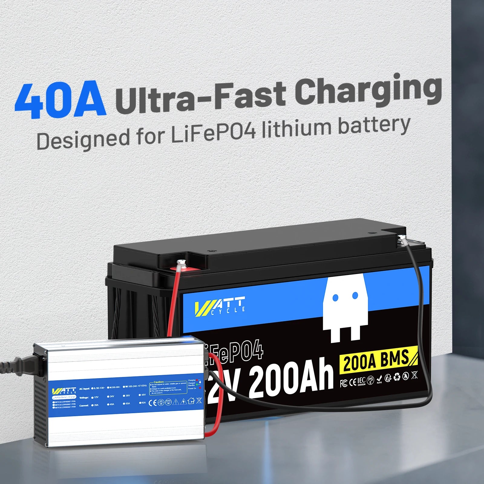 WattCycle 14.6V 40A Aluminum Shell LiFePO4 Battery Charger