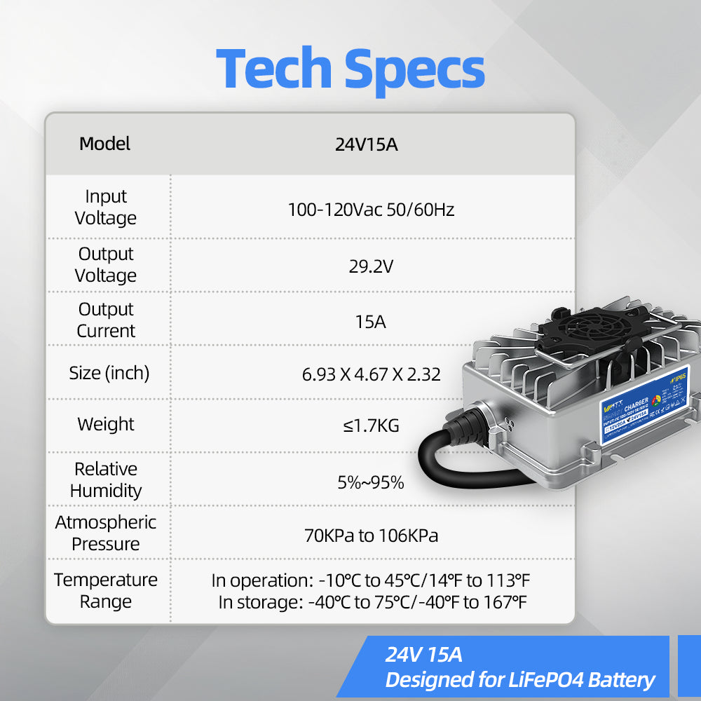 WattCycle 29.2V 15A Aluminum Shell LiFePO4 Battery Charger