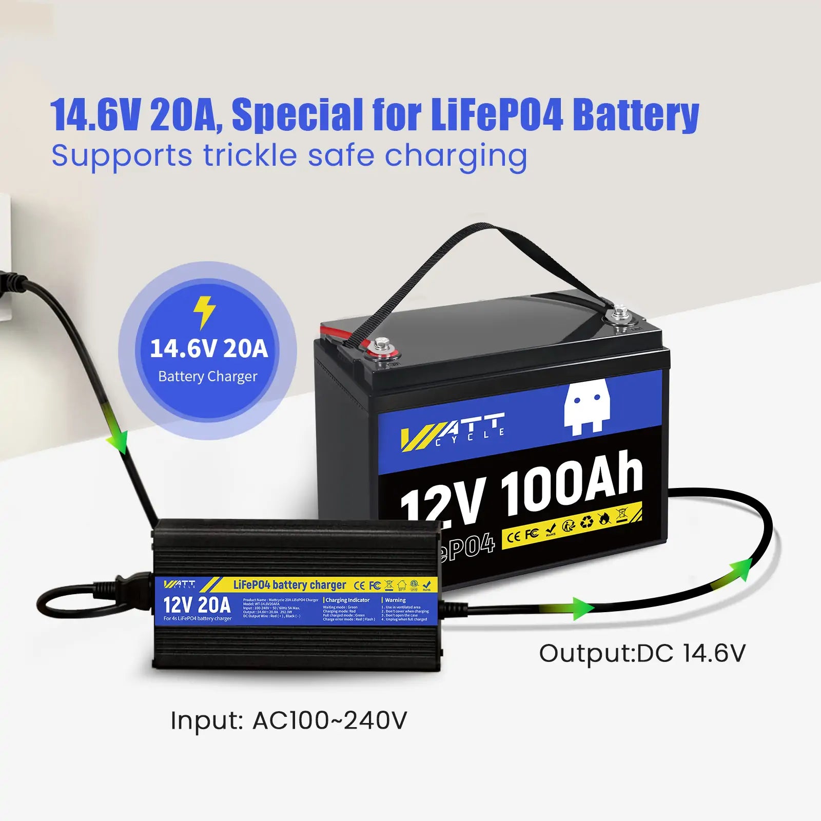 【Pre Sale】WattCycle 14.6V 20A Aluminum Shell LiFePO4 Battery Charger